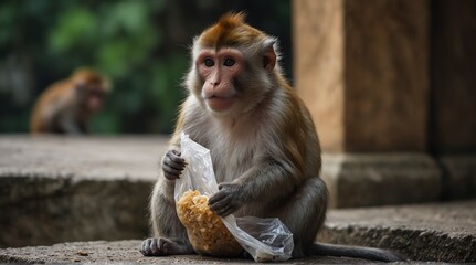 Obraz premium japanese macaque sitting on the stone. Genrative.ai 