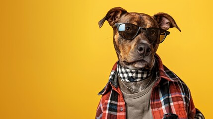 Photorealistic image of a dog with human-like features dressed in trendy casual clothes against a yellow background