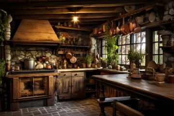 Fototapeta na wymiar Simple Rustic kitchen. Cottage wood house. Generate Ai