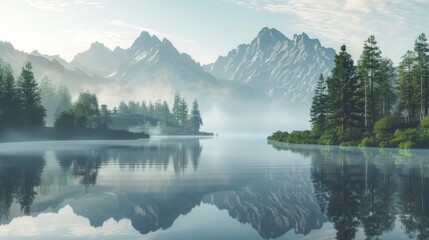 A tranquil lake reflecting the surrounding mountains and trees, emphasizing the importance of preserving freshwater ecosystems and biodiversity. - obrazy, fototapety, plakaty