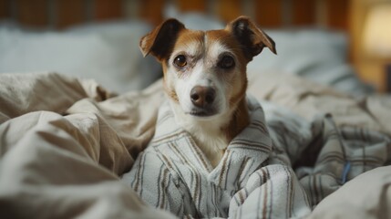 Adorable furry friend, a canine, endorsing cozy pajamas and bringing humor to a relaxed, peaceful indoor setting in a warm and comfy bedroom environment