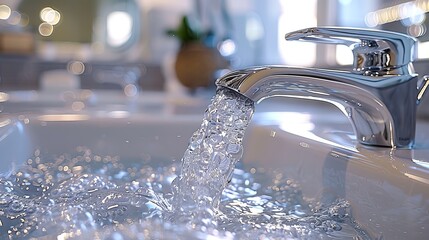 Woan is opening and closing water flow tap and filling sink with water. Water running from chrome faucet. Bathroom plumbing. Using water resources
