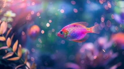 A tranquil scene of a tropical fish swimming gracefully in a vibrant aquarium, its colorful scales shimmering under the gentle glow of underwater lights, showcasing the beauty
