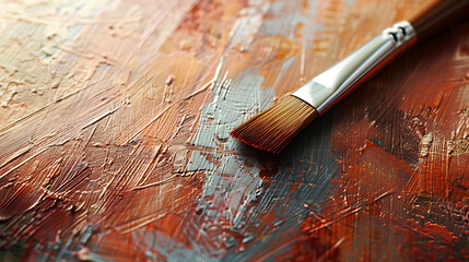 Close-up of an artist's paintbrush resting on a palette with thick oil paint. The brush is made of...