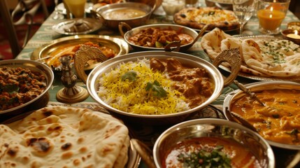 A vibrant Indian feast spread across a table, featuring colorful curries, fragrant rice, and assorted naan bread, tempting the senses with exotic flavors. - obrazy, fototapety, plakaty