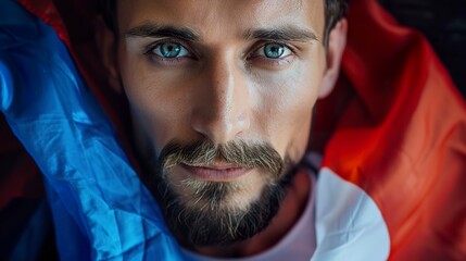A portrait of a handsome Czech man highlighted by the vibrant colors of the Czech Republic flag. Naturally beautiful Czech man with a feeling of national pride.