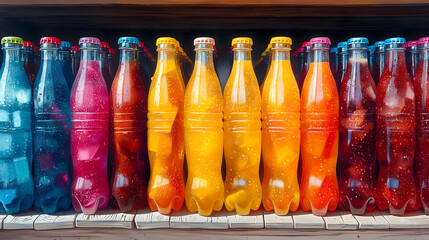 Colorful plastic bottles with fruit and vegetable juices in the supermarket.