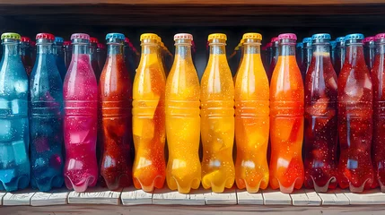 Keuken spatwand met foto Colorful plastic bottles with fruit and vegetable juices in the supermarket. © Nutchanok