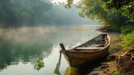 Obraz premium A wooden fishing boat anchored on a serene riverbank, with fishermen preparing their nets for a day of traditional fishing.