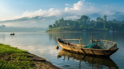A wooden fishing boat anchored on a serene riverbank, with fishermen preparing their nets for a day of traditional fishing. - obrazy, fototapety, plakaty