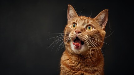Obraz premium Closeup Surprised Ginger Cat with opened Mouth on Black background