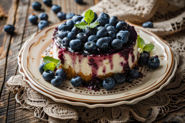 gourmet blueberry cheesecake slice on vintage plate with lace doily - obrazy, fototapety, plakaty