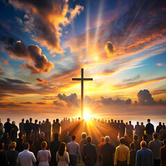 digital composite image of crowd and cross