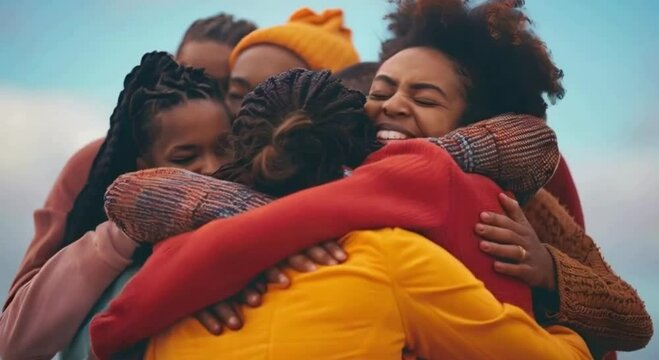 Group of Diverse Young Women Hugging in a Circle Outdoors