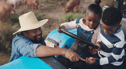 Black man, kids and tractor on farm for sustainability, environment and agriculture in countryside....
