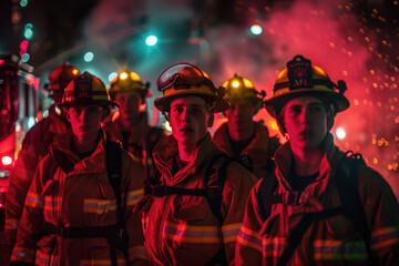 A group of handsome young male firefighters standing in front, wearing yellow protective gear and helmets with black trim, looking at the camera