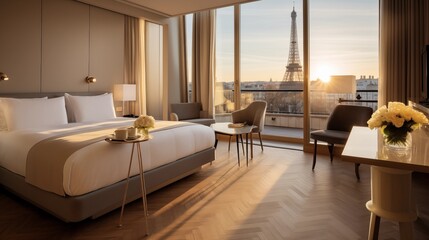 luxury hotel room in Paris, stunning views of the Eiffel tower 