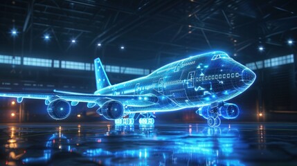 Abstract digital flight plane. The aircraft flies away into distance. Geometric polygonal airplane in the night sky. Airline technology background. AI generated