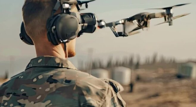 Soldier Operating a Drone with Remote Control and VR Goggles