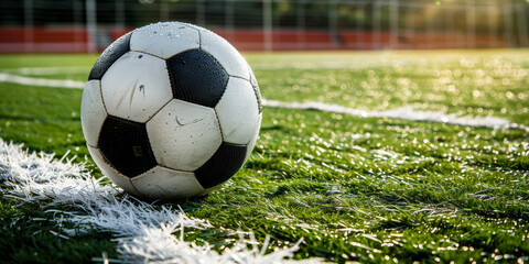 Close-up capture of a classic soccer ball on a lush grass field