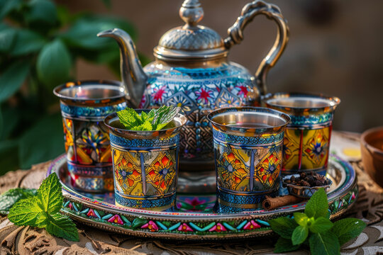 Traditional Moroccan Tea Set Display with Intricate Patterns
