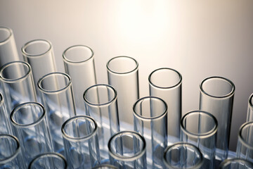 Glass test tubes placed in a laboratory rack