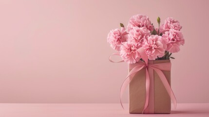 Celebrate Mother s Day and Valentine s Day with a charming gift concept featuring a beautiful pink carnation bouquet elegantly presented in a wrapped box set against a light pink background