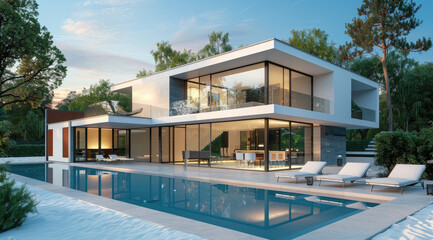 A modern house with a pool and garden, large windows, gray walls, white roof, red details, modern architecture, daylight, blue sky, white sand in the yard, sunbeds near the swimming pool