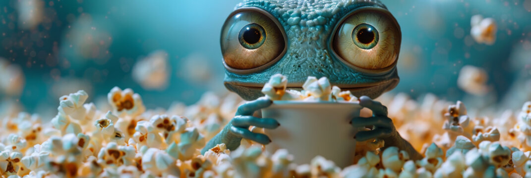 Adorable Cartoon Frog Enjoying a Bowl of Popcorn