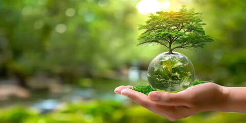 Sustainable Future Concept: Human Hand Holding Globe with Tree