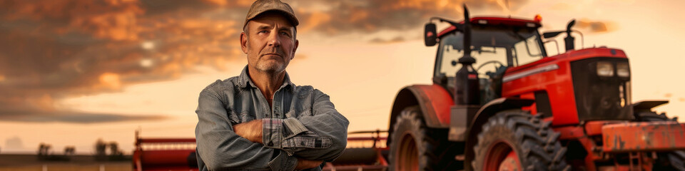 Confident Farmer Standing Proudly in Front of Tractor at Sunset
