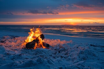 As the sun dips low, its fading light is echoed in a beach bonfire, casting a warm glow over the evening shore..