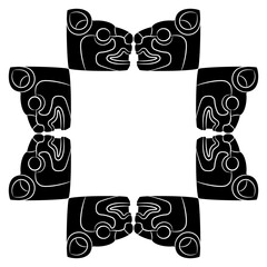 Geometrical cross shape animal frame with stylized puma heads. Ethnic motif of Maya Indians. Native American art. Black and white silhouette.