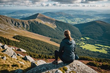 Hiker woman sitting on rock admiring wicklow mountain scenery