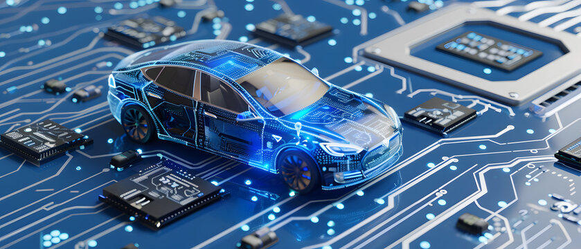 A sleek, metallic car sits displayed on top of a circuit board, both designed with a futuristic style.