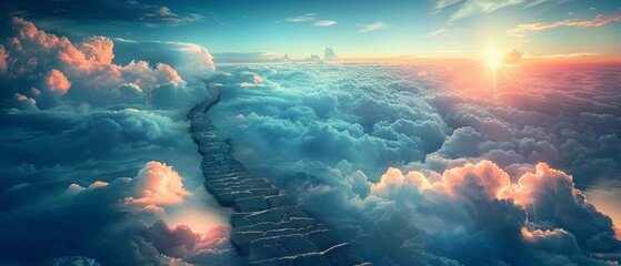 Path to the celestial, stairs in the clouds, peaceful clarity - obrazy, fototapety, plakaty