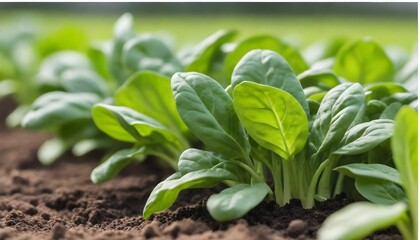 Spinach plants growing in soil with a blurred green background