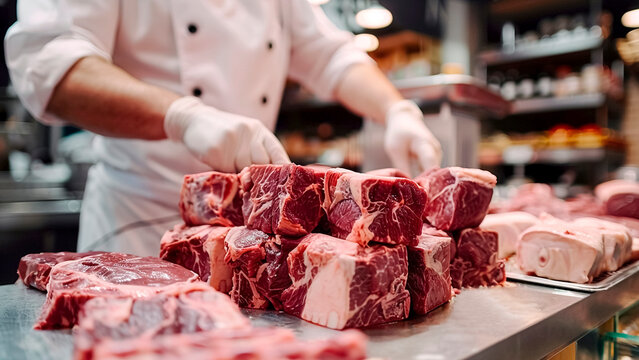 Butcher Preparing Prime Meat Cuts. Culinary Artistry, Gourmet Delicacies, Savory Delights.