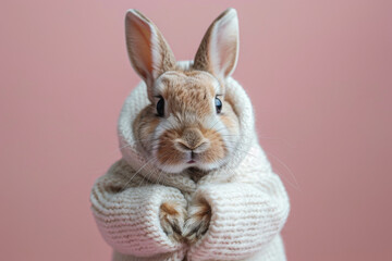 Adorable Bunny Wrapped in Cozy Knit Scarf on Pink Background