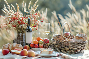 Rustic Outdoor Picnic Scene with Wine and Fresh Produce - obrazy, fototapety, plakaty