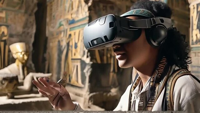 A student uses a virtual reality headset to explore an ancient Egyptian tomb, interacting with artifacts and learning about the history of the civilization.