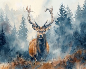 This watercolor painting captures the noble presence of a stag against the backdrop of a misty, ethereal forest, blending wildlife with a dreamlike setting.