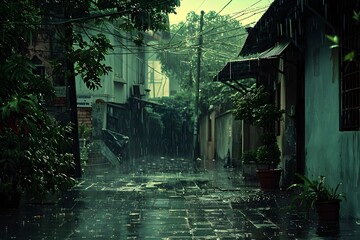 Dark and gloomy alley of old buildings on a rainy day