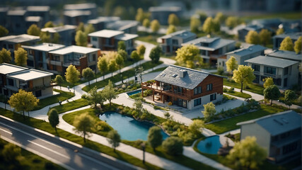 Naklejka premium Miniature Sustainable community planning 3d Model with a focus on green infrastructure and eco-friendly homes, miniature art concept, concept build