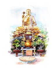 Illustration, golden Buddha in watercolor. High quality photo