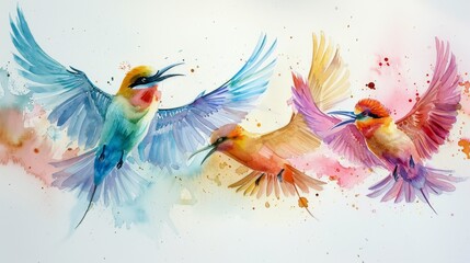 Vibrant watercolor painting showcasing three birds in mid-flight with splashes of colors enhancing their dynamic motion.