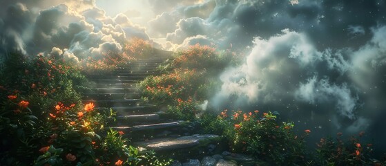 Journey to the unknown, ascending stairs, cloud-surrounded path - obrazy, fototapety, plakaty