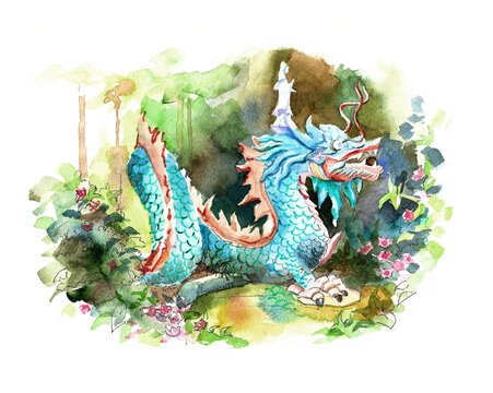 Illustration, blue dragon in watercolor. High quality photo