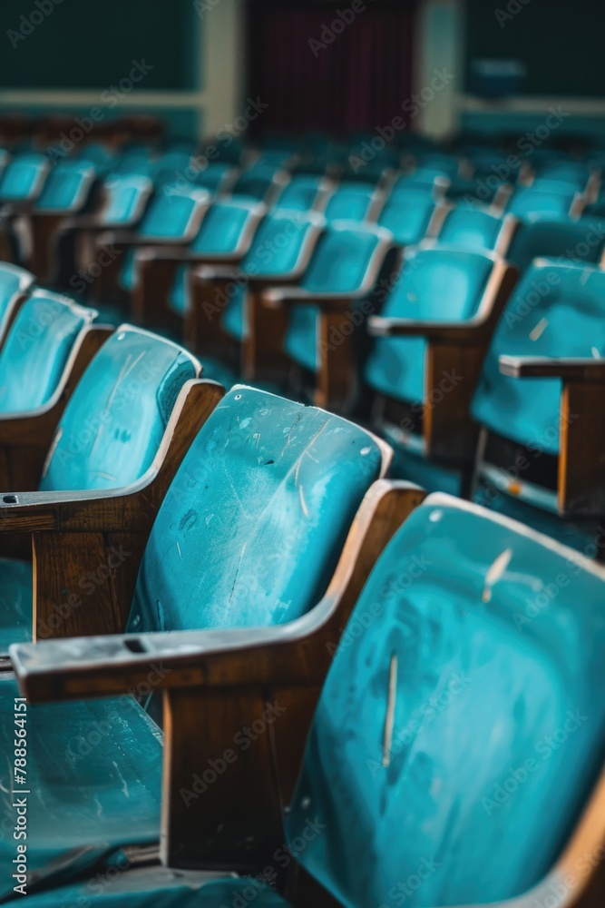 Poster a row of empty blue chairs in a room. suitable for interior design concepts