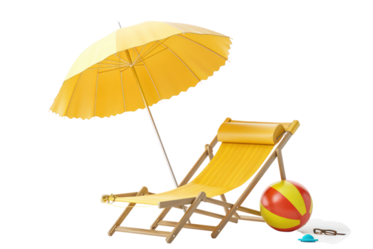 Open yellow beach umbrella, deck chair
isolated on white background